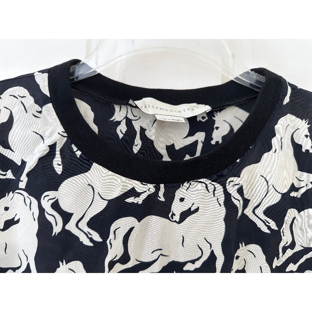 Stella McCartney Ines Running Horses Print Silk Top Shirt Black White IT 38 - Picture 4 of 10